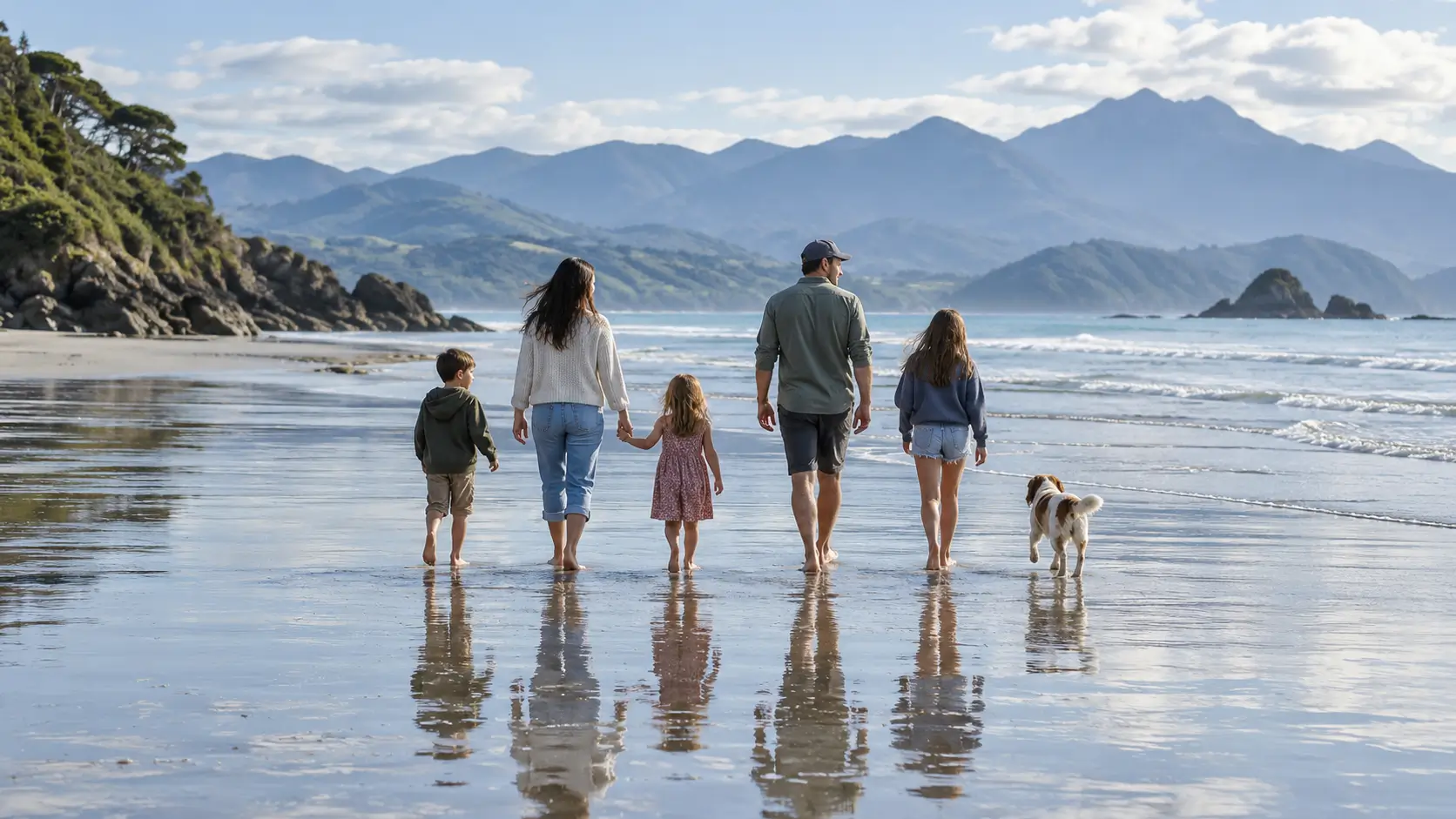 Family walking on a beach