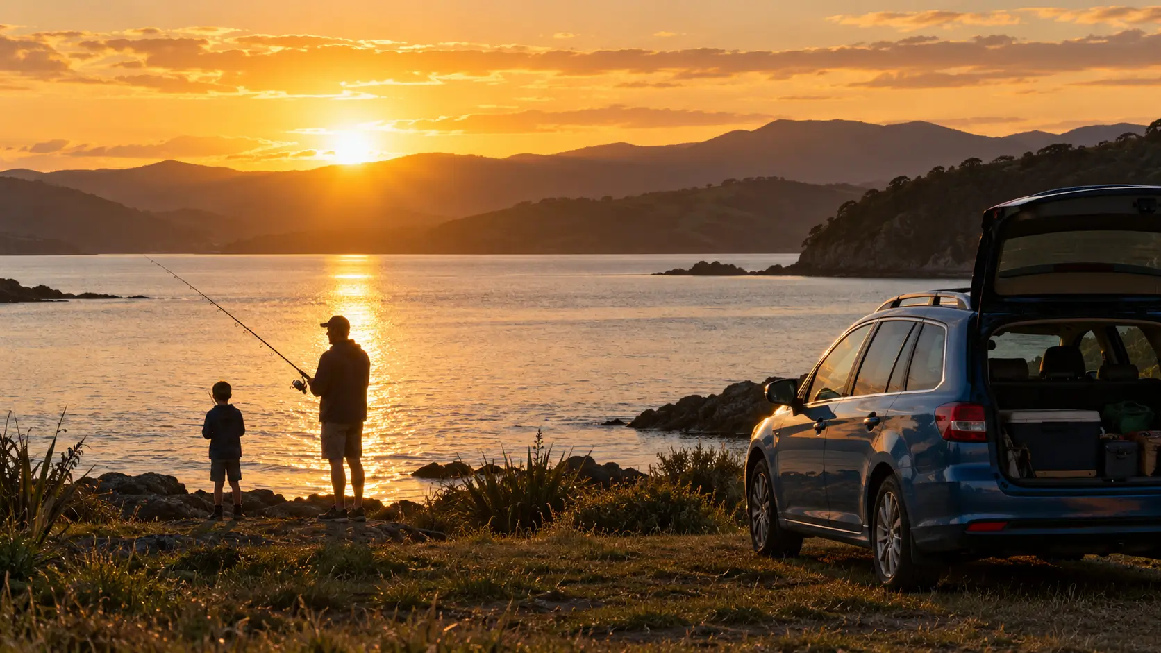 People fishing beside a car at sunset